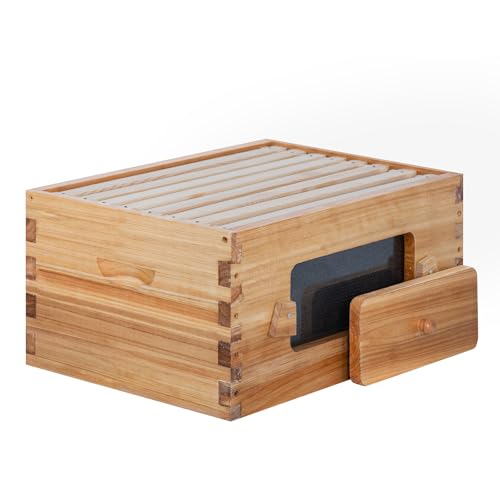 Honey Lake 8 Frame Beehive Deep Brood Box with Window, Langstroth Bee Hive Box Kit Dipped in 100% Beeswax Include Wooden Frames & Waxed Foundations, Bee Box for Beekeeping Supplement (Unassembled)