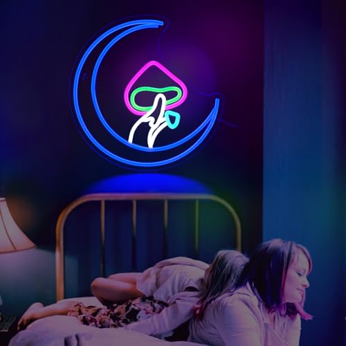 Image of Mushroom Moon Neon Sign, JGHTURIE Cute Led Neon Signs for Wall Decor Blue Light Up Sign for Room, Living Room, Home, Bar Signs, Party, USB Powered