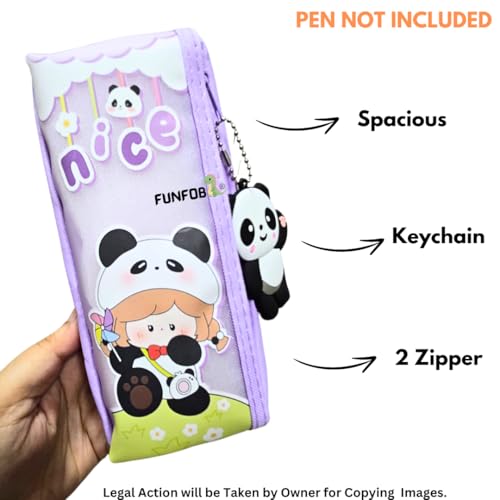 Image of Funfob Panda Pencil Pouch for School College for Pen Pencil Panda Pencil Box Travel or Cosmetic Case | Panda Pouch Keychain Purple