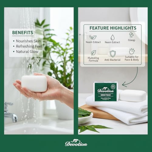 Image of Devotion NEEM FRESH Natural Bath Soap - Pack of 6 (75g each) | Neem Extract | Gentle Cleansing & Nourishing