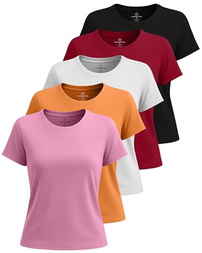 Real Essentials 5 Pack: Women's Breeze Tech Short Sleeve T-Shirts Athletic Tops Gym Workout Yoga Tennis Activewear (Plus), Set 6, Large