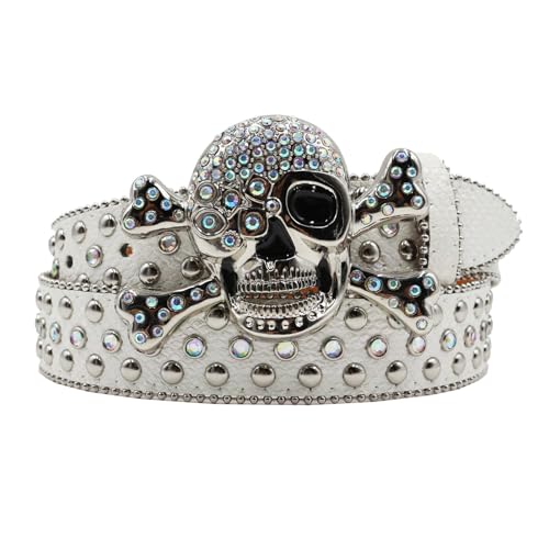 Unisex Bling Rhinestone Skull Head & Cross Buckle Belt, Embossed Studded Leather Strap For Jeans Pants Jacket
