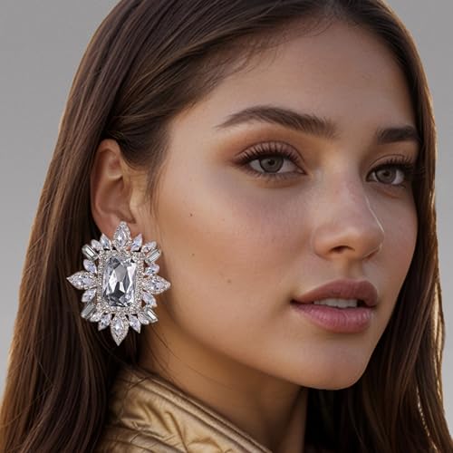Large Silver Rhinestone Clip On Earrings For Women Non Pierced Bling Crystal Statement Earrings Formal Trendy2