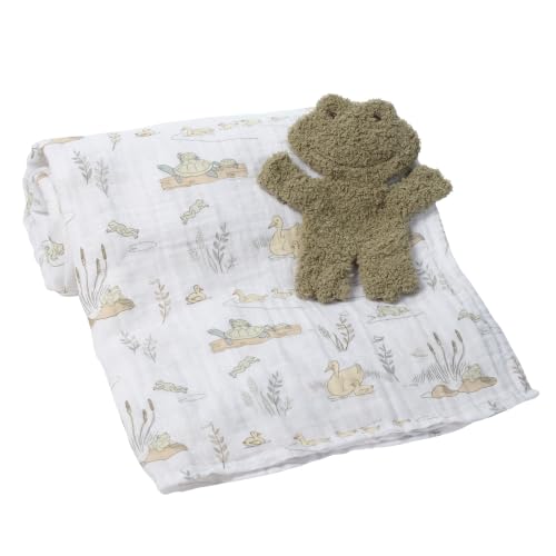 Image of Lambs & Ivy Froggy Cotton Muslin Swaddle Blanket w /Lovey Baby Gift Set | Large 44 inch square infant swaddle blanket with soft boucle green lovey security blanket.