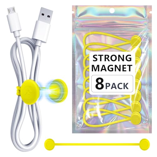 Magnetic Cable Ties, Reusable Silicone Magnetic Cord Ties, Strong Magnet Twist Ties for Cord Organizer Keeper Wrap Clips Bundling and Organizing, Holding Stuff, Fridge Magnets (Yellow, 8-Pack)