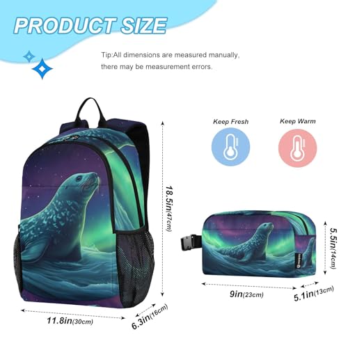 Travel Backpack Lunch Bag Set for Hiking Picnic, Backpacks with Insulated Lunch Box Aurora Seal Print2