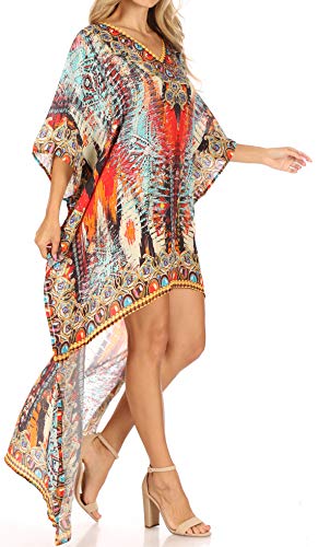 Sakkas Laisson Flowy Hi Low Caftan Rhinestone Boxy V Neck Dress Top Cover/Up4