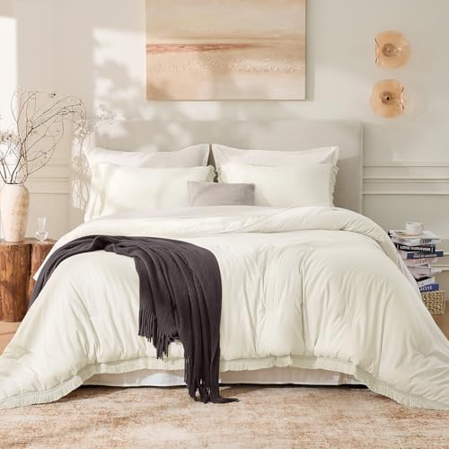 Image of Andency Oversized King Size Comforter Set Ivory 128x120, 3 Pieces Boho Soft Lightweight Bedding Comforter Sets, Tassel All Season Bed Set (1 Comforter & 2 Pillowcases)