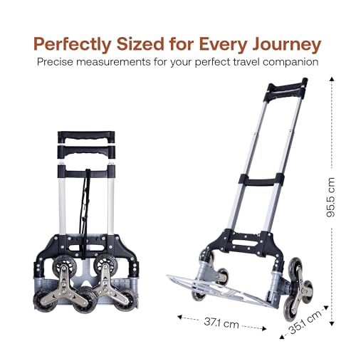 Image of BonKaso 60kg Foldable Stair-Climbing Trolley with 3 Puncture-Proof Wheels | Heavy-Duty Aluminium & ABS Plastic Hand Truck | Luggage Cart for Boxes, Appliances & Travel Use (47.5x44.5x100.5cm) Silver