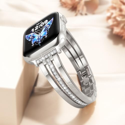 Image of AIRSPO Slim Gold Band Compatible with Apple Watch 38 /40 /41 /42 /44 /45 /46mm Women Metal Dressy Jewelry Bracelet with Bling Diamond for iWatch Series 10-3 /SE (Starlight, 42 /44 /45 /49 /46mm(Series 10))