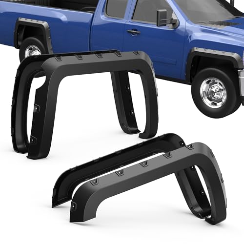 KUIPERAUTO Smooth Black Pocket Bolt-Riveted Fender Flares Compatible for 2014-2019 Chevrolet Silverado 1500 2500 3500HD 97.6 78 Fleetside Beds Front Rear Wheel Flare Paintable 4PCS
