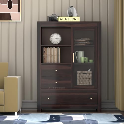 Image of Wood Book Shelf with Glass Door with Storage | Wooden Book Shelf for Home Library with Drawer | Home Office Living Room, Kitchen Crockery Storage Cabinet | Walnut Finish