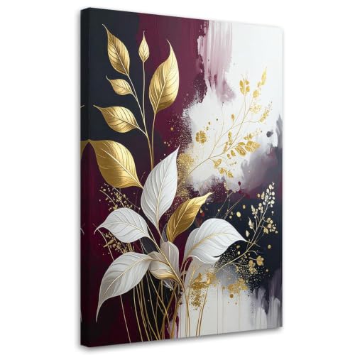 Lienzo moderno de hojas doradas y arte abstracto botánico exclusivo para salón (40x50)