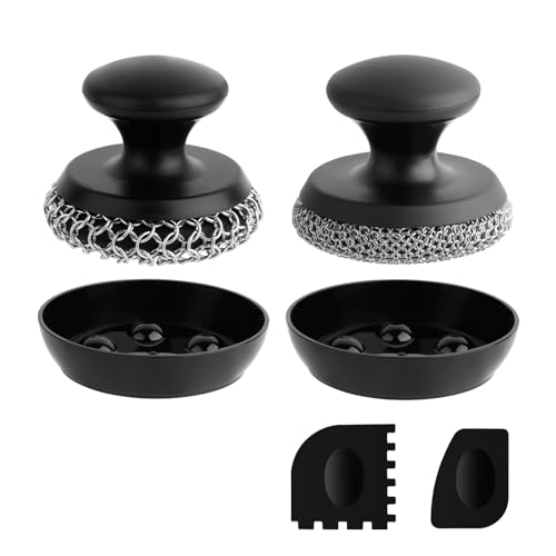 Image of 2PCS Cast Iron Scrubber Cleaner, Chainmail Scrubber for Cast Iron Pan Skillet, Dish Scouring Pad, 316 Stainless Steel Brush /Scraper for Metal Skillet Scrubbing, Wok, Dutch Oven Cleaning - Thick+Thin
