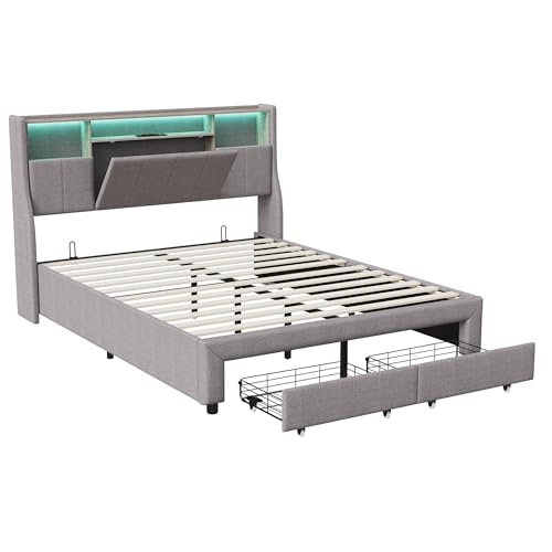 BRYXR Polsterbett 140x200 cm, Stylisches Doppelbett mit LED-Beleuchtung, USB-Anschlüssen und Stauraum, Elegantes Bett mit 2 Schubladen & Lattenrost in Grau, ohne Matratze