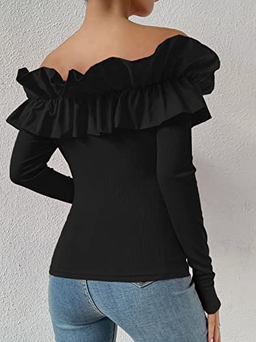 OYOANGLE Women's Long Sleeve Rib Knit Ruffle Off Shoulder Blouse Party Tops Shirt2