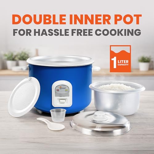 Image of ULTRON 1L Automatic Electric Rice Cooker with Double Aluminium Pot | Auto Cook & Auto Warm Function | Cool Touch Handles | Durable Body | 2 Year Product Warranty & 5 Year Heating Coil Warranty (Blue, 1 L)