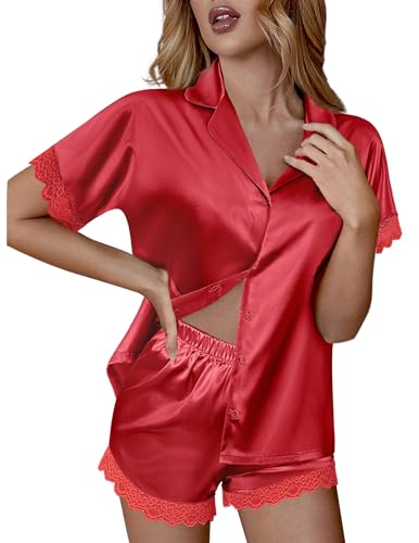 Image of Ekouaer Womens Lace Satin Pajama Set Button Down Pj Shorts Set Bridesmaids Getting Ready Outfits Casual Sleepwear XS-XXL