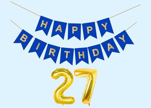 Image of 27th Happy Birthday Decoration Kit Dark Blue for 27 year Old Boys Girls Men with Number Twenty-seven Party Decorations Decor Celebration Items Item Set Combo Reusable Paper Banner