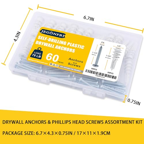 JEGONFRI 60PCS Self Drilling Drywall Anchors and #8 Screws, Wall Anchors for Drywall Heavy Duty Holds Upto 75LB, No Pre Drill Hole Required, Dry Wall Screws and Anchors Kit - Image 9
