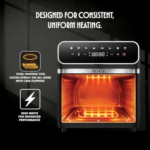 Image of Sujata Fryomatic Plus Air Fryer 6.4L | 2000W| Up to 80% Less Oil Usage | Bake, Grill & Roast| 8 Preset Modes| Digital Display & Touch Control Panel |Glass Window with in built Light | 2 Years Warranty