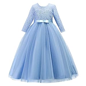 Flower Girls Long Lace Bridesmaid Dress 3/4 Sleeves Floor Length Wedding Party Evening Formal Pegeant Maxi Tulle Ball Gowns