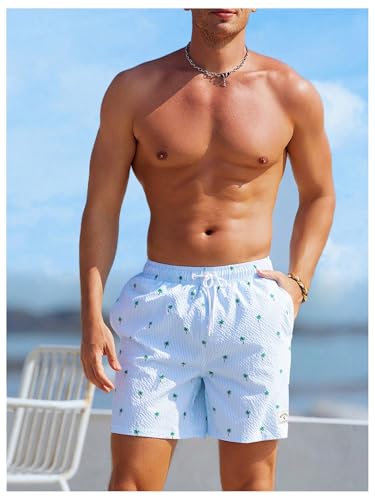 MakeMeChic Men's Textured Tropical Print Drawstring Waist Summer Beach Shorts Swim Trunks4