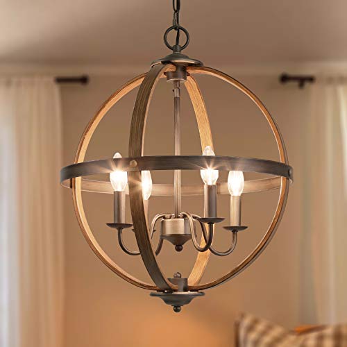 GEPOW Farmhouse Chandeliers for Dining Rooms, 4 Lights Orb Faux Wood Pendant Lighting Fixture for Foyer, Kitchen Island, Bedroom, Living Room D18"