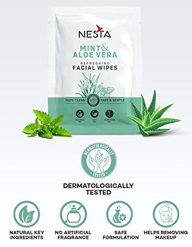 Image of Nesta Individually Packed Facial Wet Wipes for Women & Men; Mint & Aloe-Vera; Clears Dirt, Gives Fresh & Glowing Skin with Moisture; Alcohol Free, Eco Friendly(10 Packets x 10 Wipes = 100 Wipes)