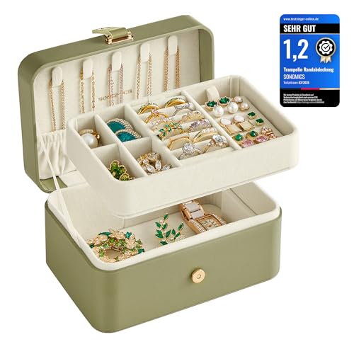 SONGMICS GISELLA Kollektion - Schmuckkästchen Reise mit 2 Ebenen, Schmuckkasten klein, Schmuckaufbewahrung, tragbar, für größere Accessoires, Geschenkidee, 11,6 x 16 x 7,5 cm, salbeigrün JBC166C02