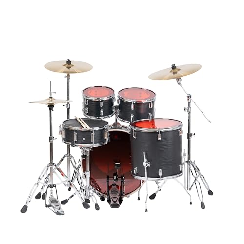 Image of TempoX Professional 5-Piece Acoustic Drum Set with 2 Cymbals & Hi-Hat (Black) | Heavy-Duty Double Braced Stands | Complete Full Drum Set Kit for Practice & Performance