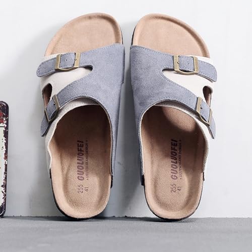 Men’s Cork Sandals, Arch Support Footbed Slippers with Buckle Straps, Nonslip Leather Casual Beach Flat Slides2