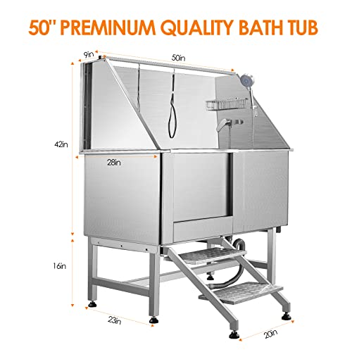 Wssey Dog Grooming Tub 50'' Dog Bathtub Xlarge Pet Bathing Tub Stainless Steel Dog Wash Station For Large Dogs Home Commercial With Floor Grate, Faucet, Sliding Door #TOP5
