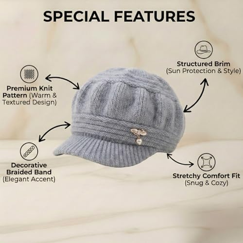 Image of Kraptick Women's Winter Knit Visor Beanie Hat with Soft Fleece Lining, Stylish Woollen Slouchy Warm Cap for Ladies, Snow Sun Shield Knit Cap for Winter -2