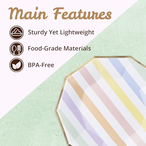 Image of Party Paper Plates, 50-Pack 9-Inch Bulk Disposable Decorative Paper Plates with Gold Decagon Trim, Pastel Colors for Tea Party, Easter, Garden Party, and Bridal Showers, Pastel Rainbow Stripes