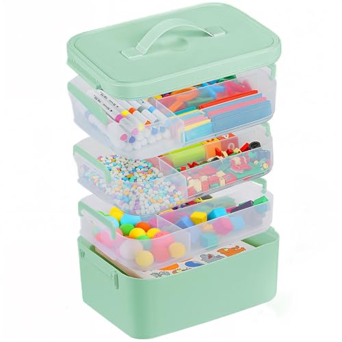 Image of Gifhomfix 4-Layer Plastic Craft Organizers and Storage Box with Removable Trays, Storage Containers with lids and Handle, Art Supply Storage Organizer for Organizing Bead, Sewing, Tool（Green）