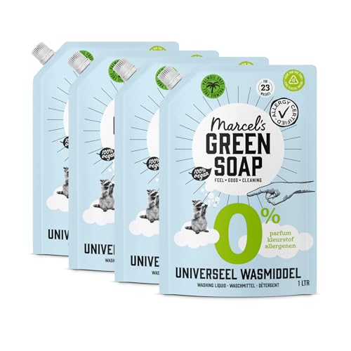 Marcel's Green Soap 0% Washing Liquid Refill - Allergy-Certified - Laundry Detergent - Mircoplastic & Palm-oil Free - Vegan - 95% Biodegradable - 4L, 1L (Pack of 4)