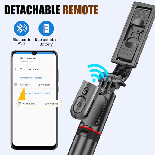 Image of WeCool Long Selfie Stick Extendable Upto 45inches with 6-Section Telescopic Height Adjustment, Detachable Mobile Holder, Compatible with GoPro /Mobile for Video & Photoshoot