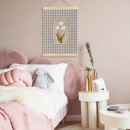 Image of PQKIY Vintage Farmhouse White Tulip Wall Art Poster Hanger Frame 12x16 in, Cottagecore Botanical Flower Brown Gingham Wall Decor Canvas Prints for Home Bedroom Living Room