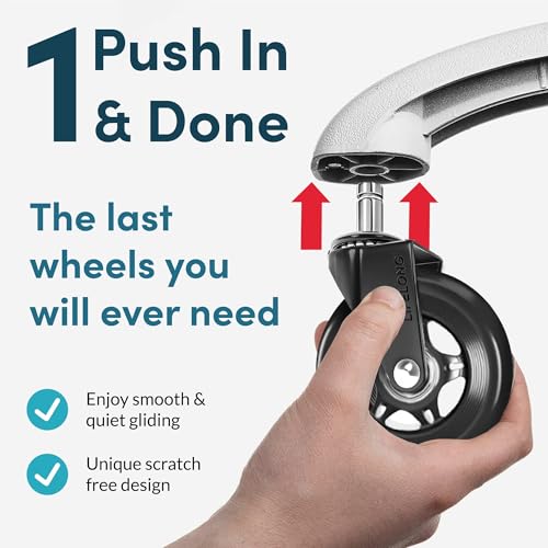 Lifelong Office Chair Wheels Replacement Rubber Chair Casters for Hardwood Floors and Carpet, Set of 5, Stem Casters, Heavy Duty Office Desk Casters for Chairs to Replace Office Chair Mats - (Black)