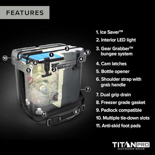 Titan PRO High Performance Ice Chest – 25 Quart Capacity – Hard Cooler with Interior LED Light, Ice Saver Performance Booster and Microban Protection – Granite Gray