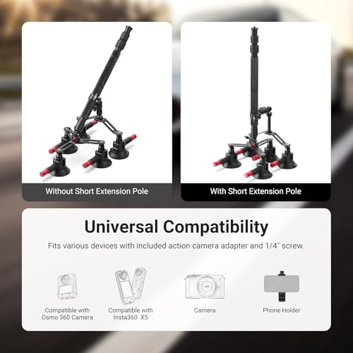 Image of NEEWER 5 in 1 Suction Car Mount Kit Compatible with Insta 360 X5 X4 X3 Insta360 X2 GoPro Max DJI OSMO 360 Action Camera Accessories, Quick Release with Invisible Selfie Stick for Windshield, CA075