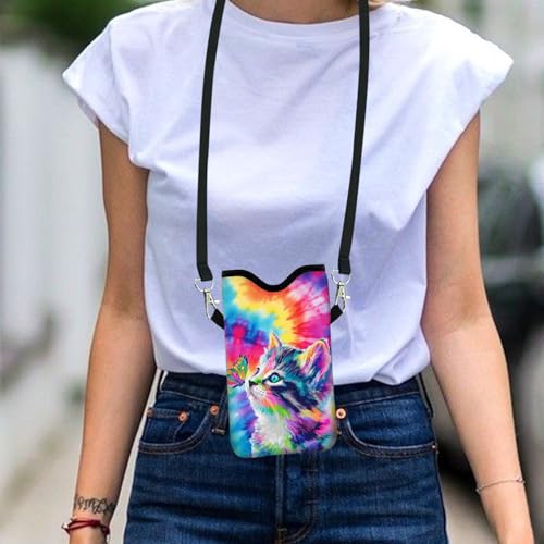Image of Neoprene Cell Phone Sleeve Pouch Case Bag with Crossbody Strap Neck Lanyard for Women 7.1 X 3.9 in Tie Dye Cat