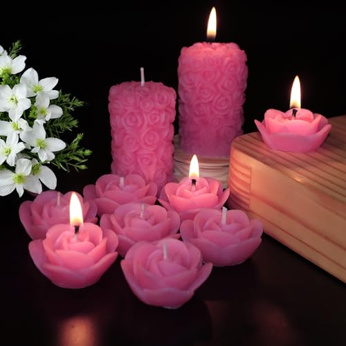Image of Wax Scented Candles For Home Decor, Coconut Blossom Fragrance, Pillar And Floating Candles Combo, Pink Colour, Pack Of 10, 4 X 7 Cm