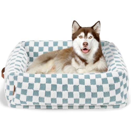Nxwjoy Washable Dog Bed for Large Dogs, Cute Dog Beds for Medium Dogs Pet Beds, Fluffy Rectangle Orthopedic Pupy Bed Sofa, Memory Pet Cozy Couch & Anti Slip Bottom,32x27x8inch, Blue Grid