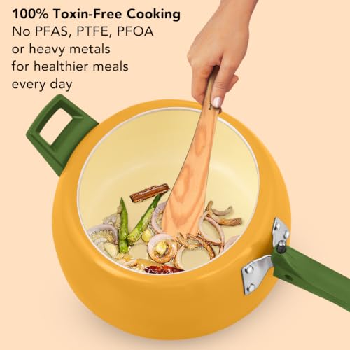 Image of Hawkins 5 Litre Ceramic Coated Cerenity Pressure Cooker | Induction & Gas | for Cooking Rice, Dal & Curries | 5 Year Guarantee, ISI Certified | Mustard Yellow (ICY50)