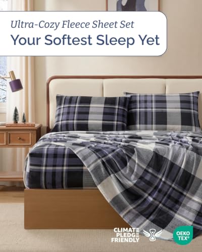 Image of Fleece Sheets Cal King Size Set - 4-Piece Flannel Sheet Set - Grey Tartan