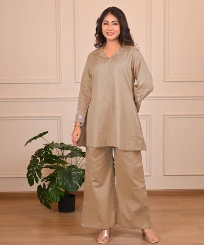 Shienzy Stylish Printed Cotton Blend Co Ord Set For Women || Casual & Festive Indo-Western Outfit || Kurta Pant Set (1666_Bg_M) Beige