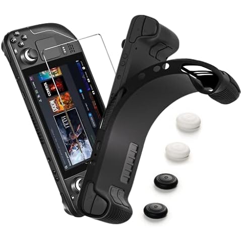 Hosanwell Case Compatible for Steam Deck with Screen Protector*1 and Thumb Grips*2 pairs, Full Body Silicone Protective Cover Case, Shockproof Non-Slip Accessories Compatible with Steam Deck - Black Cover