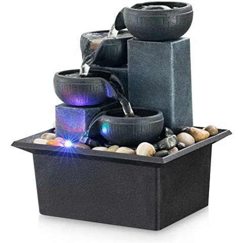 Tabletop Fountain Indoor Mini Waterfall 4-Tier Relaxation Tabletop Fountain Small Indoor Fountain Meditation Fountain Includes Natural River Rocks and Multi-Coloured Lights (Premium Grey) Cover